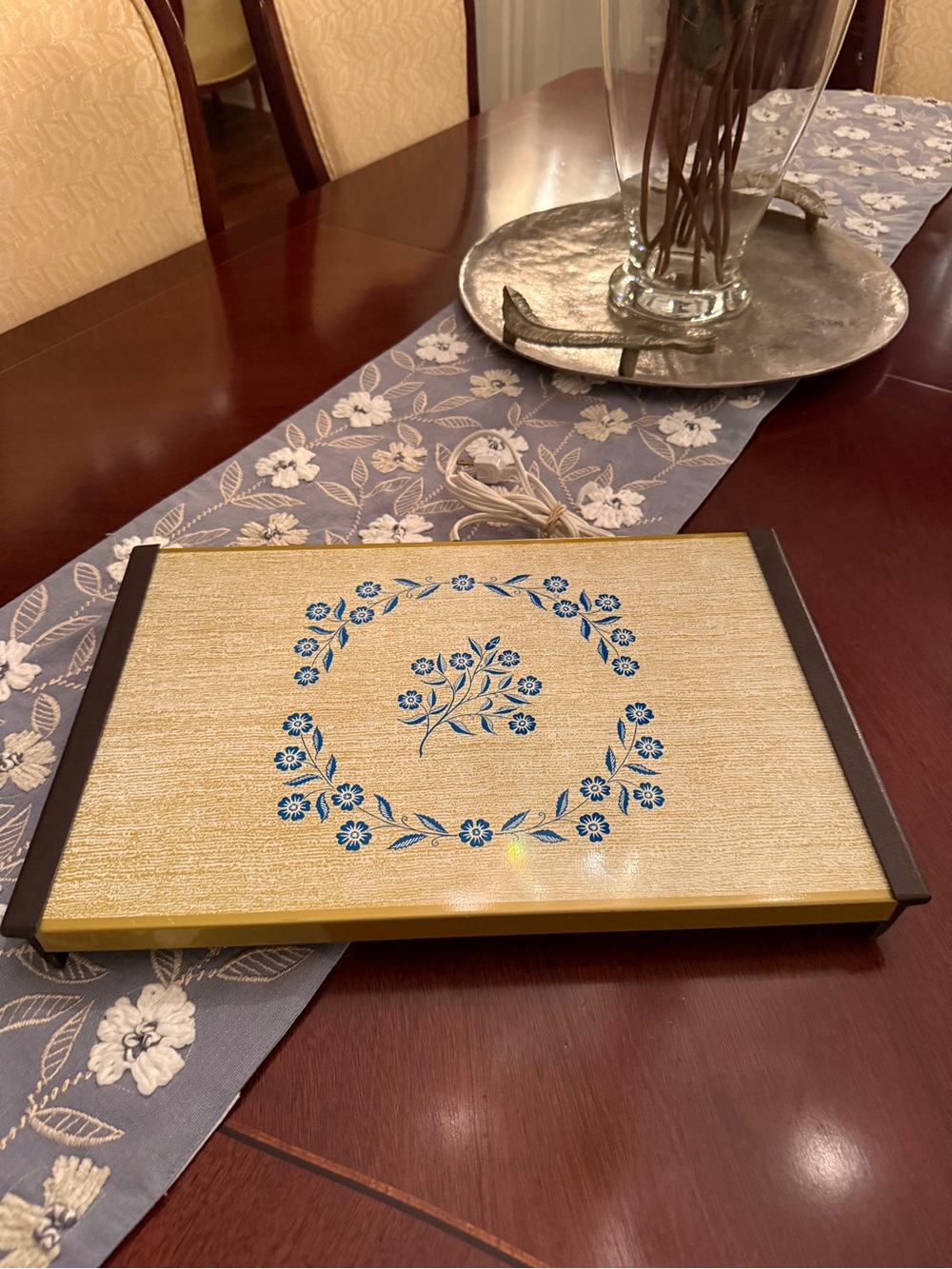 Vintage Electric Warming Tray Blue Floral Gold Retro Serving Hot Plate 16” WORKS